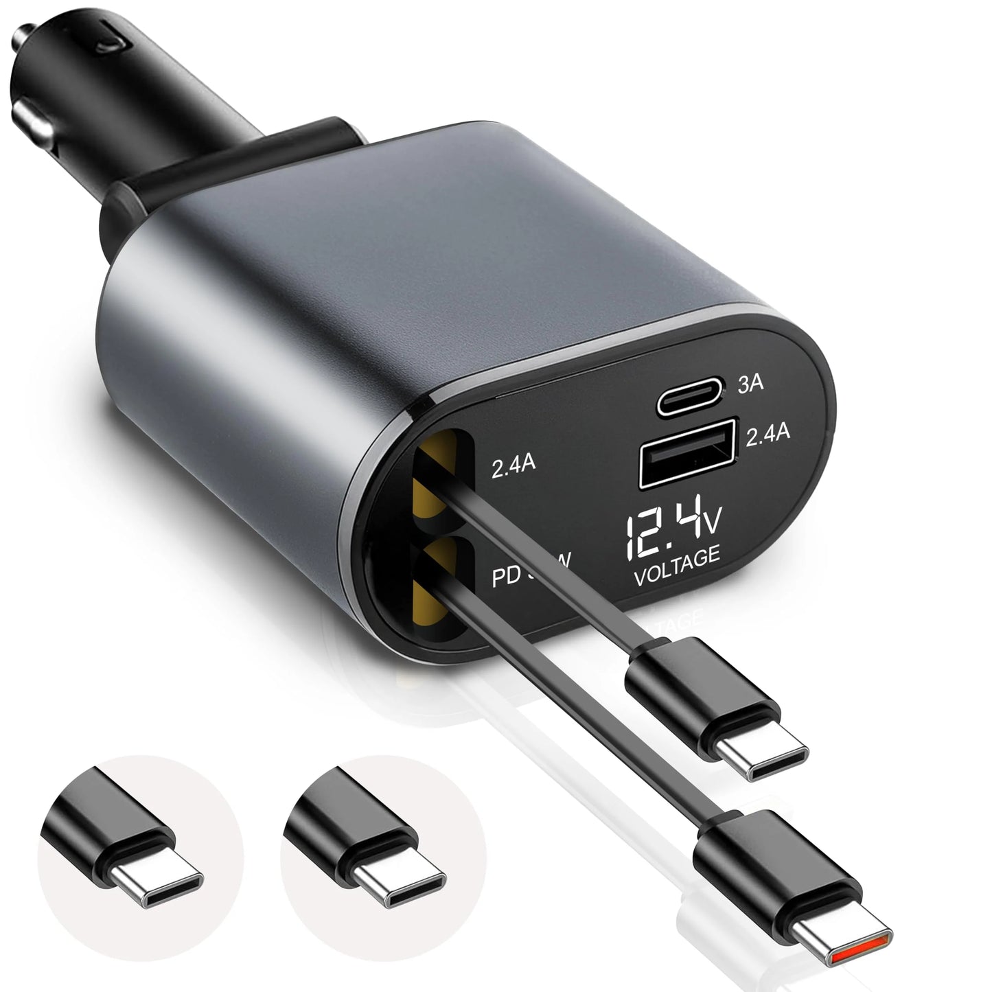 Multi-Port Fast Car Charger with Retractable Cables