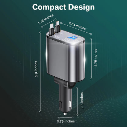 Multi-Port Fast Car Charger with Retractable Cables