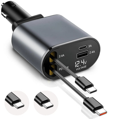Multi-Port Fast Car Charger with Retractable Cables